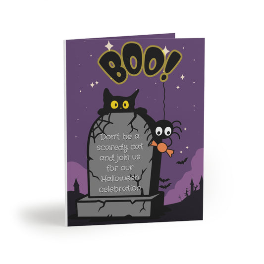 Halloween Invitation Greeting Cards – 'BOO!' Cat & Spider Tombstone Party Invite (8/16/24 Pack)