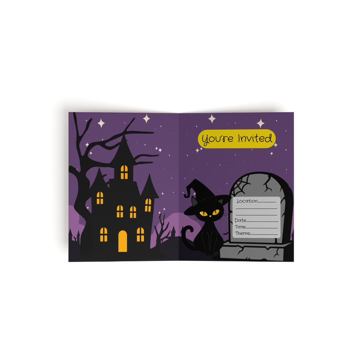 Halloween Invitation Greeting Cards – 'BOO!' Cat & Spider Tombstone Party Invite (8/16/24 Pack)