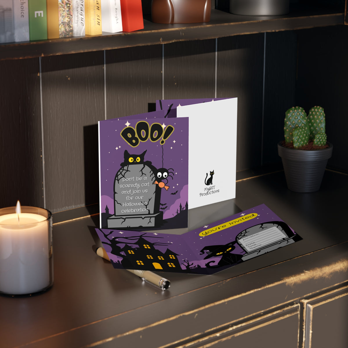 Halloween Invitation Greeting Cards – 'BOO!' Cat & Spider Tombstone Party Invite (8/16/24 Pack)